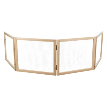 Holztiergitter mit Netzpaneelen, entworfen, um einen sicheren Raum für Haustiere zu schaffen.