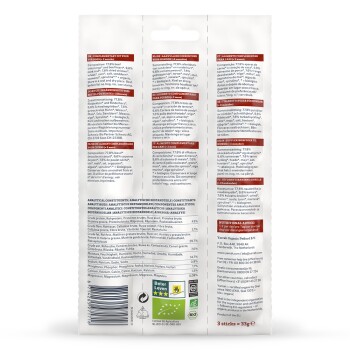 Rückseite einer Haustierfutterverpackung mit Nährwertinformationen, Zutaten und analytischen Bestandteilen in mehreren Sprachen.