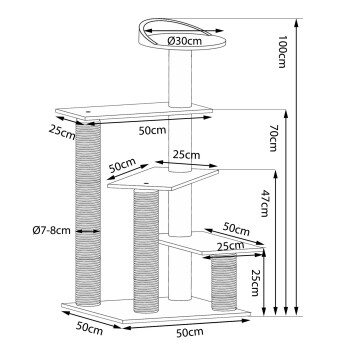 Diagramm eines mehrstöckigen Katzenbaums, mit Abmessungen: 100 cm Höhe, 50 cm Breite und verschiedenen Plattformgrößen, mit Kratzpfosten.