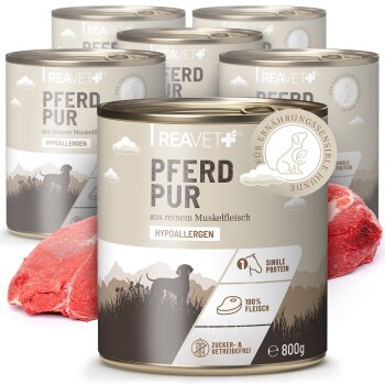 Dosen von REAVET Pferd Pur Hundefutter, mit einem Pferdefleischlabel, neben ihnen ein rohes Stück Fleisch; gekennzeichnet als hypoallergen und mit einer Proteinquelle.