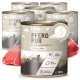Dosen von REAVET Pferd Pur Hundefutter, mit einem Pferdefleischlabel, neben ihnen ein rohes Stück Fleisch; gekennzeichnet als hypoallergen und mit einer Proteinquelle.