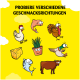Cartoon-Haustierfutterartikel wie Huhn, Fisch und Käse auf einem gelben Hintergrund mit dem Text "Probieren Sie verschiedene Geschmäcker."