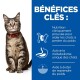 Un chat tigré avec un collier rouge est assis à côté d'un texte bleu sur fond blanc, énumérant les avantages d'une nutrition pour perte de poids cliniquement prouvée.