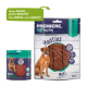 Premiere I Love My Dog Meaties Verpackung mit zwei Produkten: einer 250g Tüte Maxi Meaties mit einem Hundebild und einer kleineren Packung mit der Aufschrift Maxi Meaties.