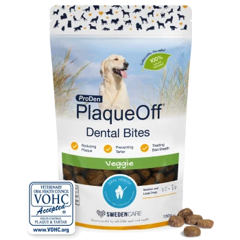 Bag of ProDen PlaqueOff Dental Bites (Veggie) for dogs with golden retriever image, VOHC seal, "100% natural seaweed"