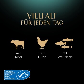 Das Bild zeigt den Text "VIELFALT FÜR JEDEN TAG" mit Symbolen einer Kuh, eines Huhns und eines Fisches, beschriftet mit "mit Rind", "mit Huhn" und "mit Weißfisch."