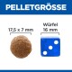Bild, das die Größe von Haustierfutterpellets mit einem blauen Würfel vergleicht, mit dem Text 'PELLETGRÖSSE' und den Maßen: Pellet 17,5 x 7 mm, Würfel 16 mm.