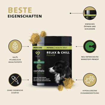 Schwarz-weißer Hund auf einem Glas mit der Aufschrift "Relax & Chill Pulver", mit Text über 100% pflanzliche Zutaten und Stressabbau.