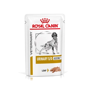 Torebka z karmą dla psów Royal Canin Veterinary Urinary S/O Ageing 7+, z teksturą bochenka i sylwetką psa z przodu.