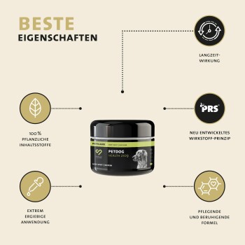 Balsamglas mit der Aufschrift "PETDOG HEALTH 2109" mit 100% pflanzlichen Inhaltsstoffen und einer beruhigenden, langanhaltenden Formel.