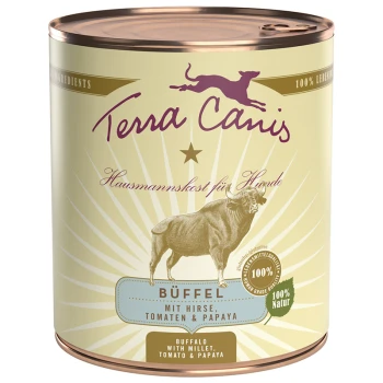 Classic Adult 6x800g Büffel mit Hirse, Tomaten und Papaya Dosenfutter für Hunde "Terra Canis" mit einer Büffelillustration und dem Text: "Hausmannskost für Hunde" und "Büffel mit Hirse, Tomaten & Papaya."
