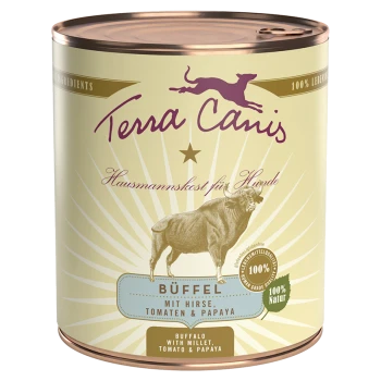 Dosenfutter für Hunde "Terra Canis" mit einer Büffelillustration und dem Text: "Hausmannskost für Hunde" und "Büffel mit Hirse, Tomaten & Papaya."