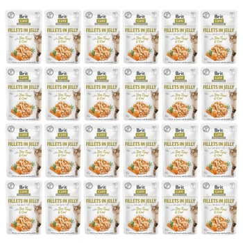 Wielokrotne saszetki Brit Care Fillets w galaretce dla dorosłych kotów, z delikatnym tuńczykiem i dorszem, z obrazkami kotów i marchewek.