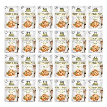 Mehrere Beutel Brit Care Filets in Gelee für erwachsene Katzen, mit feinem Thunfisch und Kabeljau, mit Bildern von Katzen und Karotten.