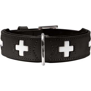 Schwarzes Leder-Halsband für Haustiere mit weißen Kreuzdesigns und einer silbernen Schnalle.