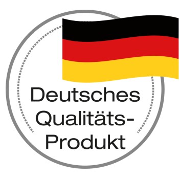 Logo mit der deutschen Flagge und dem Text "Deutsches Qualitäts-Produkt" in Fettdruck, das ein qualitativ hochwertiges deutsches Produkt anzeigt.