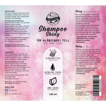 Etikett für Bellfor Shiny Dog Shampoo auf einem rosa Farbverlauf, das Vorteile, Inhaltsstoffe und Anwendungshinweise auf Deutsch und Englisch zeigt.