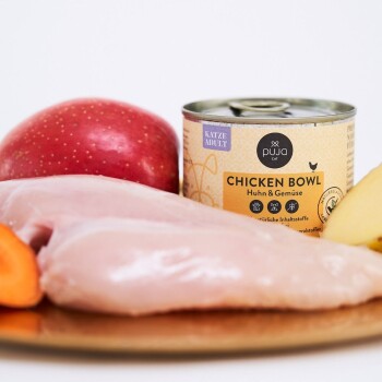 Eine Dose 'Puja Cat Chicken Bowl' Haustierfutter, die für erwachsene Katzen gekennzeichnet ist, umgeben von rohen Hähnchenbrust, einem Apfel und einer Kartoffel auf einem Holzbrett.