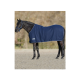 Ein schwarzes Pferd, das eine marineblaue Decke trägt, steht auf einer sandigen Fläche und zeigt sein glattes Fell und eine blaue Halfter.