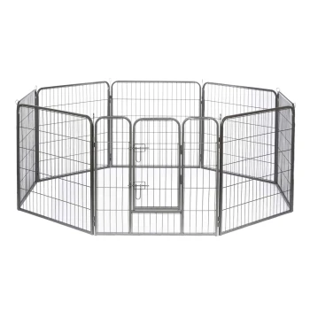 Freilaufgehege mit Tür 60 cm, 1 cm, 80 cm Ein sechseckiger Metallspielplatz für Haustiere mit mehreren Paneelen und einer Tür, entworfen für die Sicherheit und Eingrenzung von Haustieren.