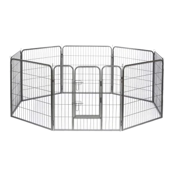 Ein sechseckiger Metallspielplatz für Haustiere mit mehreren Paneelen und einer Tür, entworfen für die Sicherheit und Eingrenzung von Haustieren.