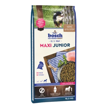 Bosch Maxi Junior Hundefutterverpackung mit einem Foto eines Hundes, mit Text, der "24% Protein" und "12% Fett" sowie "Kolosrum" hervorhebt.
