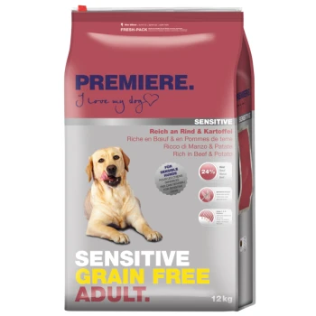 Sensitive Grain Free Adult Rind 12 kg Ein 12 kg Sack Premiere Sensitive Getreidefreies Erwachsenen-Hundefutter mit einem gelben Etikett, das Rind- und Kartoffelzutaten hervorhebt.