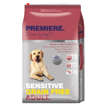 Un sac de 12 kg de nourriture pour chiens adultes sans céréales Premiere Sensitive avec une étiquette jaune mettant en avant les ingrédients de bœuf et de pomme de terre.