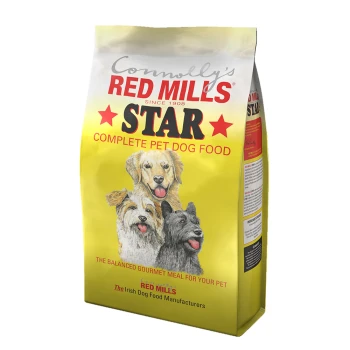 Connolly's Red Mills STAR dog food bag, bright yellow with images of three dogs and text promoting a balanced gourmet meal.