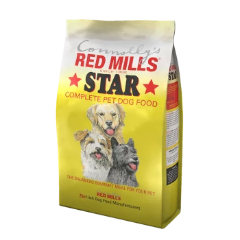 Connolly's Red Mills STAR dog food bag, bright yellow with images of three dogs and text promoting a balanced gourmet meal.