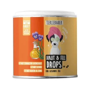 Behälter mit "Haut & Fell Tropfen" für Haustiere, 350g, mit einem hellblauen Hintergrund und einem rosa Herzlogo, das gesunde Haut und Fell fördert.