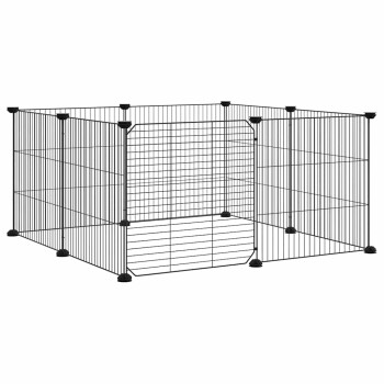 Schwarzer Metall-Draht-Haustierauslauf mit einer Klapptür und Kunststoff-Eckverbindern auf weißem Hintergrund.