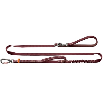 Bordeauxfarbene verstellbare Hundeleine mit gepolsterter Handschlaufe, Bungee-Stoßdämpfer, Metallclip und Karabiner sowie reflektierenden Nähten.