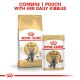 Royal Canin British Shorthair cat food packaging, featuring a bag of dry kibbles and a pouch, with text: "Combine 1 pouch with her daily kibbles."