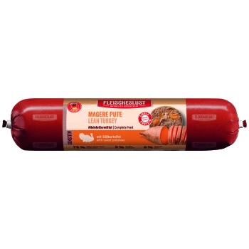 Karma mokra dla psów Sensitiv Adult Indyk 12x800 g Czerwone opakowanie karmy dla zwierząt "Fleischeslust" z "Magere Pute" (Chuda Indyk) z batatami, oznaczone jako pełnoporcjowe.