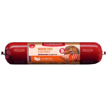 Rote Verpackung von "Fleischeslust" Tiernahrung mit "Magere Pute" (Magerer Truthahn) mit Süßkartoffeln, als vollständiges Futter gekennzeichnet.