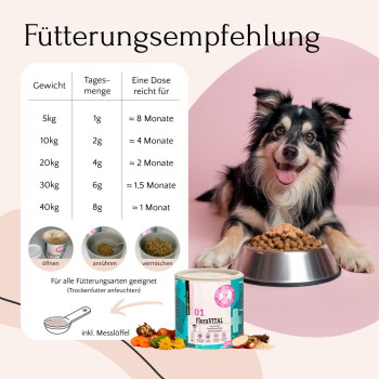 Anwendungsbereiche für FloraVITAL Haustierergänzung: unterstützt Analdrüsenprobleme, Durchfall, Verdauung, verbessert die Darmflora, fördert nützliche Darmbakterien.