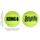 Twee neongele hondentennisballen bedrukt met KONG- en SQUEAK-A-JR-logo's, met meetpijlen die 3.25" / 8.2 cm aangeven.