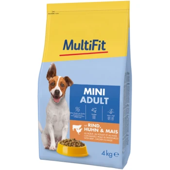 Hundetrockenfutterbeutel mit der Aufschrift 'MultiFit Mini Adult', der einen glücklichen Hund zeigt, mit Zutaten wie Rindfleisch, Hähnchen und Mais, 4 kg Größe.