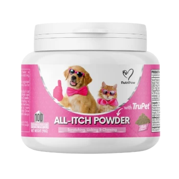 NutriPaw 'ALL-ITCH POWDER' white tub, pink label with dog and cat wearing sunglasses and bow ties.