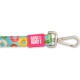 Bunte Hundeleine mit Donut-Muster und Metallverschluss, mit einem pinken Etikett mit der Aufschrift „Max & Molly Urban Pets“.