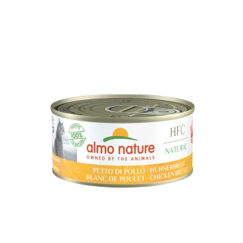 Karma w puszce dla kotów od Almo Nature, oznaczona "HFC Natural," z piersią kurczaka. Tekst zawiera "100% Profits to Nature."