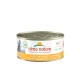Nourriture en conserve pour chat par Almo Nature, étiquetée "HFC Natural," avec du blanc de poulet. Le texte inclut "100% Profits to Nature."