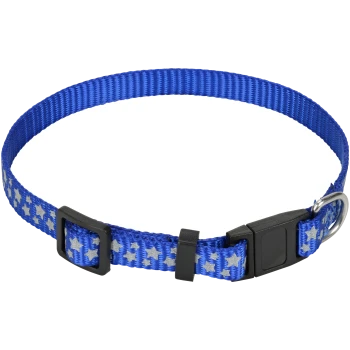 Blaue Haustierhalsband mit silbernem Sternmuster, mit einer schwarzen Schnalle und einem Metall-D-Ring zur Leinenbefestigung.