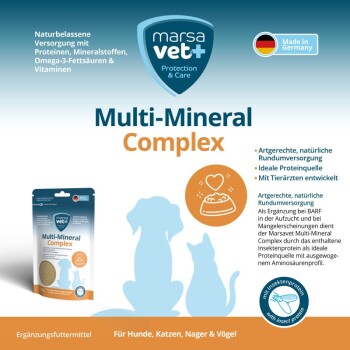 Verpackung eines Multi-Mineral-Komplexes für Haustiere mit Silhouetten von Hund und Katze, mit Text, der natürliche Zutaten und Vorteile hervorhebt.