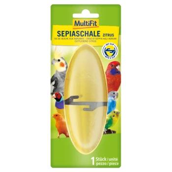 MultiFit Cuttlefish Bone Citrus packaging featuring a yellow cuttlebone with a clip, surrounded by colorful birds.