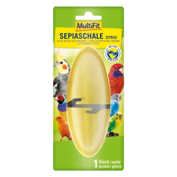 MultiFit Cuttlefish Bone Citrus packaging featuring a yellow cuttlebone with a clip, surrounded by colorful birds.