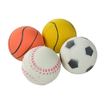 Four colorful pet balls: an orange basketball, a yellow tennis ball, a white baseball with pink stitching, and a white soccer ball with black patches.