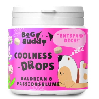 Coolness-Drops, unterstützt Beruhigung Hund mit Baldrian - Relax / Angst 90g Behälter mit "BeGudd" Coolness Drops für Hunde, pinkes Design mit schlafendem Hund, Text: "ENTSPANN' DICH!" und "BALDRIAN & PASSIONSBLUME."
