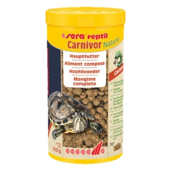 Conteneur de nourriture pour tortues Sera Reptil Carnivor Nature (310g) avec une image de tortue et un texte multilingue indiquant qu'il s'agit d'une source principale de nourriture.